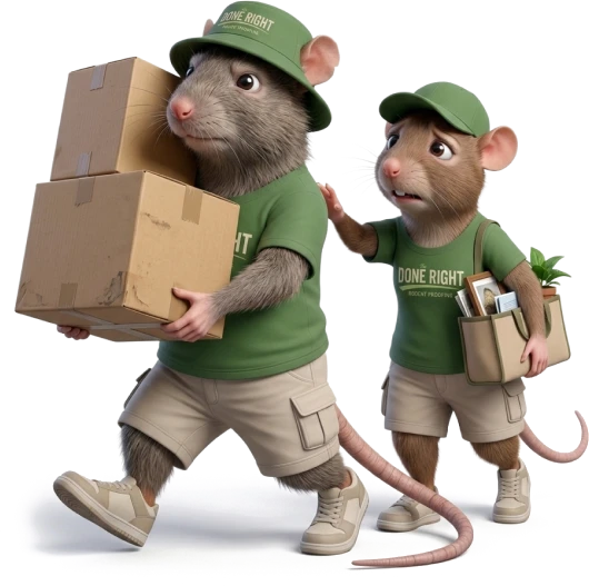 Two rats wearing green Done Right shirts, shorts, and caps; one carries a stack of cardboard boxes while the other follows with a full tote bag.